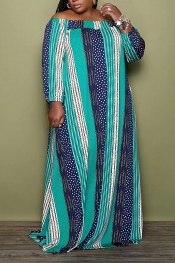 XL-5XL spring plus size two colors dot & chain stripe printing micro-elastic off the shoulder loose casual floor length maxi dress