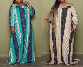 XL-5XL spring plus size two colors dot & chain stripe printing micro-elastic off the shoulder loose casual floor length maxi dress