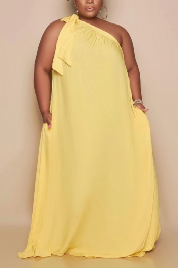 XL-5XL summer new plus size solid color stretch one shoulder lace-up pockets loose floor length casual maxi dress