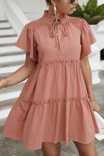 Summer new 3 colors solid color stretch high neck smocked ruffled decor hollow lace up swing stylish mini dress
