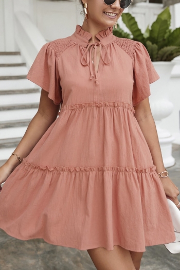 Summer new 3 colors solid color stretch high neck smocked ruffled decor hollow lace up swing stylish mini dress