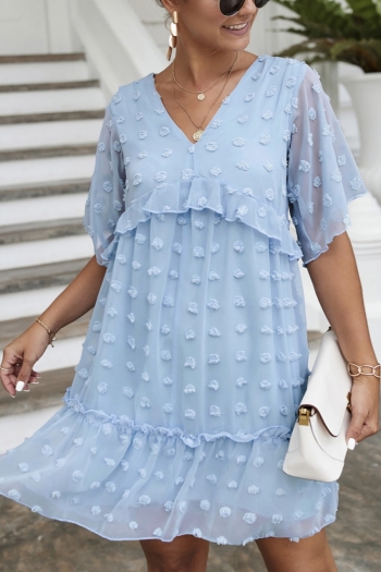 Summer new 3 colors jacquard mesh patchwo double layer inelastic v-neck  frill trim stylish pretty mini dress