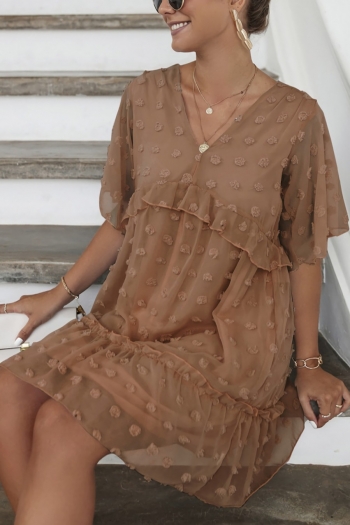 Summer new 3 colors jacquard mesh patchwo double layer inelastic v-neck  frill trim stylish pretty mini dress
