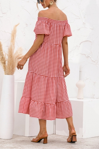 Summer new plus size 5 colors checked batch printing stretch off shoulder smocked ruffled decor stylish midi dress