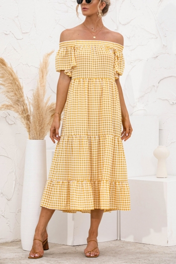 Summer new plus size 5 colors checked batch printing stretch off shoulder smocked ruffled decor stylish midi dress