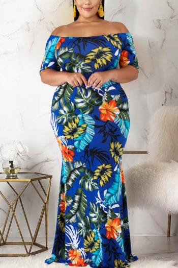 l-4xl plus size summer new stylish stretch flower & leaf printing off-the-shoulder casual maxi dress