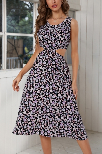 summer new floral batch printing chiffon micro-elastic hollow strappy swing stylish holiday midi dress