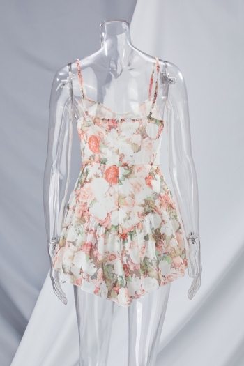 Custom xs-l summer new floral printing inelastic backless adjustable straps ruffle hem panties lining spliced sexy mini dress