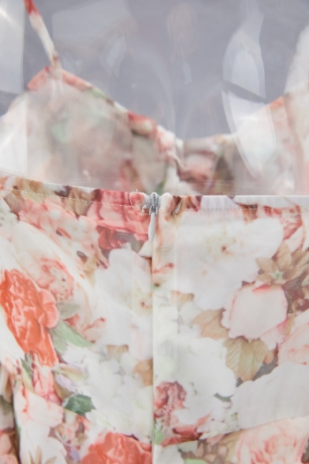 Custom xs-l summer new floral printing inelastic backless adjustable straps ruffle hem panties lining spliced sexy mini dress