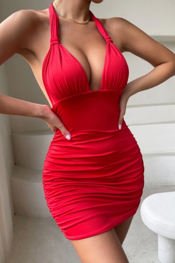 XS-L summer new stylish solid color stretch halter-neck lace-up backless shirring bodycon sexy mini dress