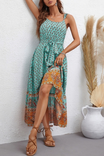 XS-L summer new stylish inelastic floral batch printing sleeveless sling backless with belt casual midi dress