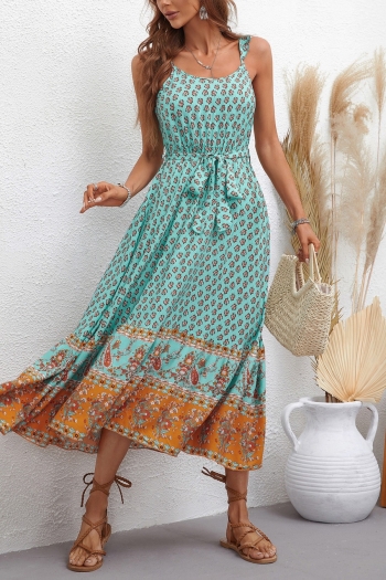 XS-L summer new stylish inelastic floral batch printing sleeveless sling backless with belt casual midi dress