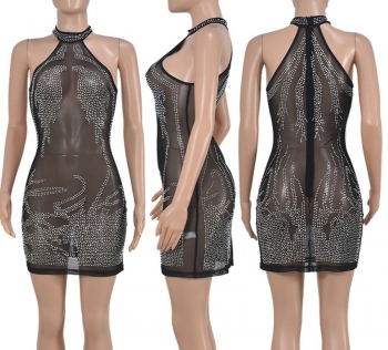 S-2XL summer new plus size two colors see through mesh rhinestone decor stretch zip-up back sexy nightclub style bodycon high quality mini dress (without panties)