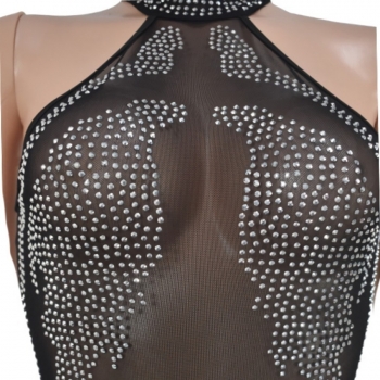 S-2XL summer new plus size two colors see through mesh rhinestone decor stretch zip-up back sexy nightclub style bodycon high quality mini dress (without panties)