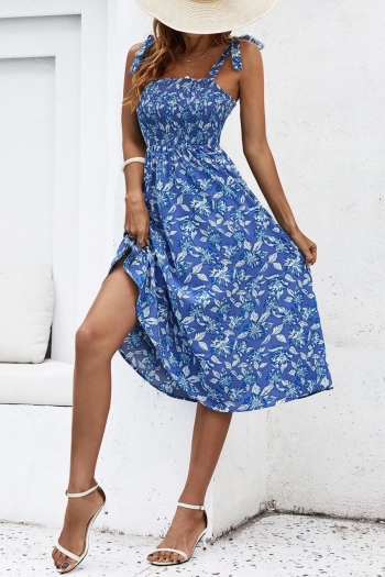 XS-L summer new stylish stretch flower batch printing sling backless lace-up casual midi dress