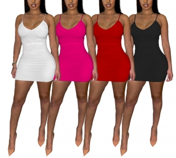 Summer new stylish 4 colors solid color stretch sling backless bodycon sexy mini dress