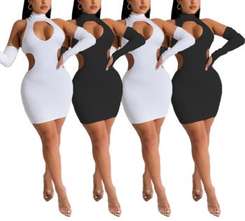 S-2XL plus size summer new stylish stretch solid color hollow backless slim sexy mini dress(with one pair of sleeves)