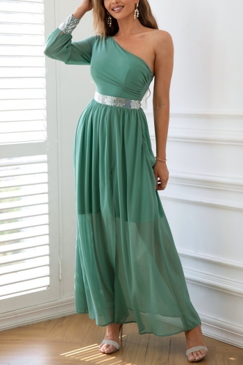 XS-L summer new stylish solid color inelastic one-shoulder sequins high split zip-up casual maxi dress