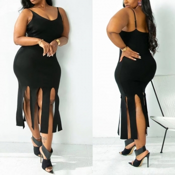 L-5XL summer new plus size 3 colors solid color stretch backless sling tassel sexy midi dress