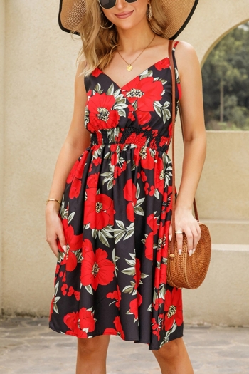 Summer new plus size floral batch printing micro-elastic v-neck nipped waist 