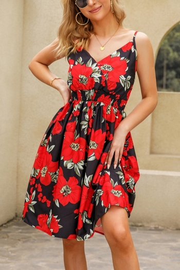 Summer new plus size floral batch printing micro-elastic v-neck nipped waist 