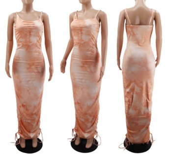 Summer new stylish stretch batch printing sling backless drawstring slim sexy maxi dress