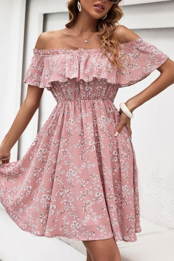 XS-L summer new stylish floral batch printing stretch off-the-shoulder ruffle casual mini dress