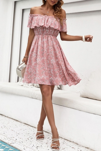 XS-L summer new stylish floral batch printing stretch off-the-shoulder ruffle casual mini dress