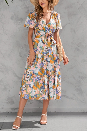 Summer new plus size floral batch printing v neck ruffle tie-waist swing stylish holiday midi dress(with belt)
