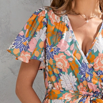 Summer new plus size floral batch printing v neck ruffle tie-waist swing stylish holiday midi dress(with belt)