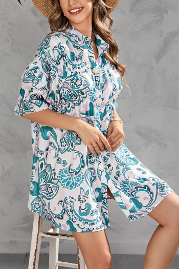 Summer new plus size 2 colors floral batch printing stretch v-neck single breasted ruffle smocked stylish retro mini dress