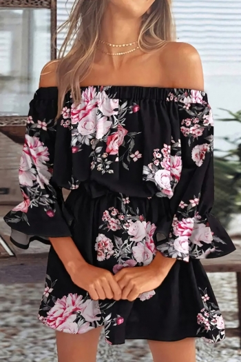 S-2XL plus size summer new stylish flower printing stretch off-the-shoulder lantern sleeves casual mini dress
