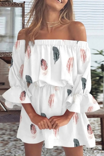 s-2xl plus size summer new stylish stretch leaf printing off-the-shoulder lantern sleeves casual mini dress