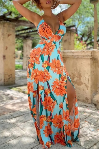S-2XL plus size summer new stylish stretch flower printing crossed sling lace-up backless split sexy maxi dress