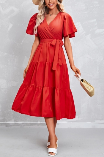 Summer new 4 colors solid color micro-elastic v-neck tie-waist ruffle shirring classic stylish midi dress(with belt)
