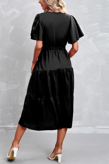 Summer new 4 colors solid color micro-elastic v-neck tie-waist ruffle shirring classic stylish midi dress(with belt)