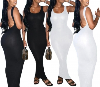 S-2XL plus size summer new stylish solid color stretch sleeveless sling backless slim sexy maxi dress