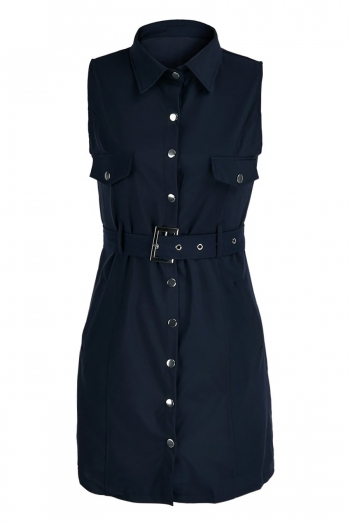 Summer new stylish solid color inelastic single-breasted pocket sleeveless with belt casual mini dress