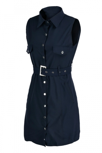 Summer new stylish solid color inelastic single-breasted pocket sleeveless with belt casual mini dress