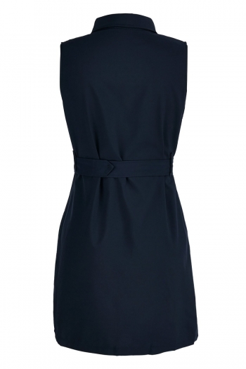 Summer new stylish solid color inelastic single-breasted pocket sleeveless with belt casual mini dress