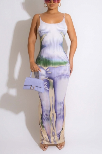 Summer new two colors fixed printing stretch backless sling sexy bodycon maxi dress