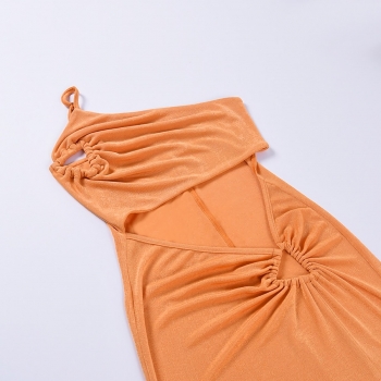 Summer new 2 colors one shoulder shirring slit stretch sexy midi dress