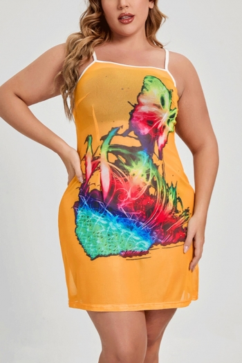 L-4XL summer new plus size 4 colors fixed printing see through mesh stretch backless adjustable straps sexy mini dress (without lining)