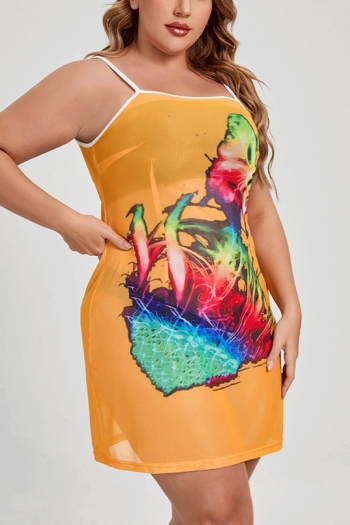 L-4XL summer new plus size 4 colors fixed printing see through mesh stretch backless adjustable straps sexy mini dress (without lining)
