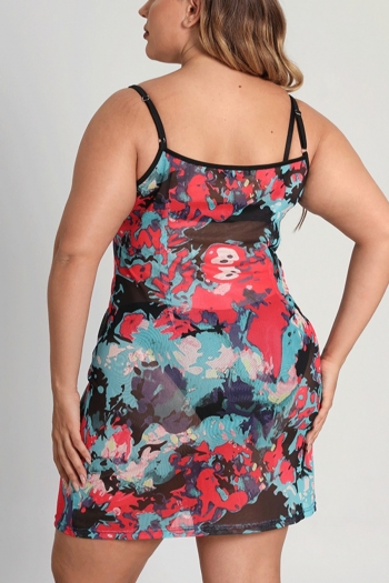 L-4XL summer new plus size digital printing see through mesh stretch backless adjustable straps sexy bodycon mini dress (without lining)