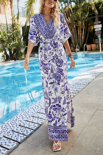 summer new floral batch printing micro-elastic v-neck high slit swing stylish holiday bohemian maxi dress