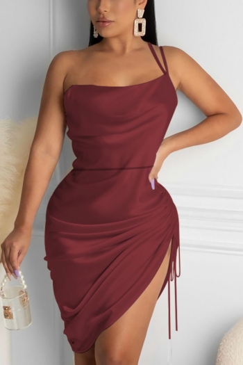 s-2xl summer new plus size solid color stretch one shoulder sling drawstring irregular sexy mini dress