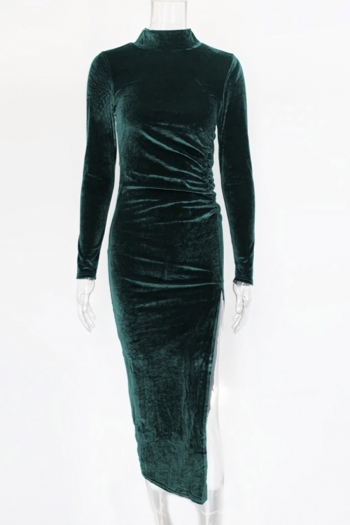 Spring & summer new 3 colors solid color stretch high neck smocked high slit stylish classic midi dress