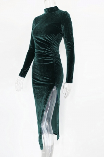 Spring & summer new 3 colors solid color stretch high neck smocked high slit stylish classic midi dress