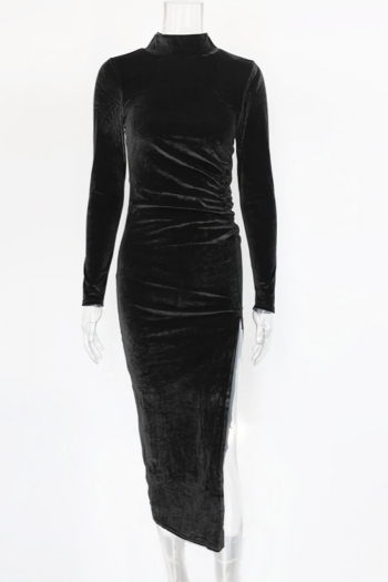 Spring & summer new 3 colors solid color stretch high neck smocked high slit stylish classic midi dress